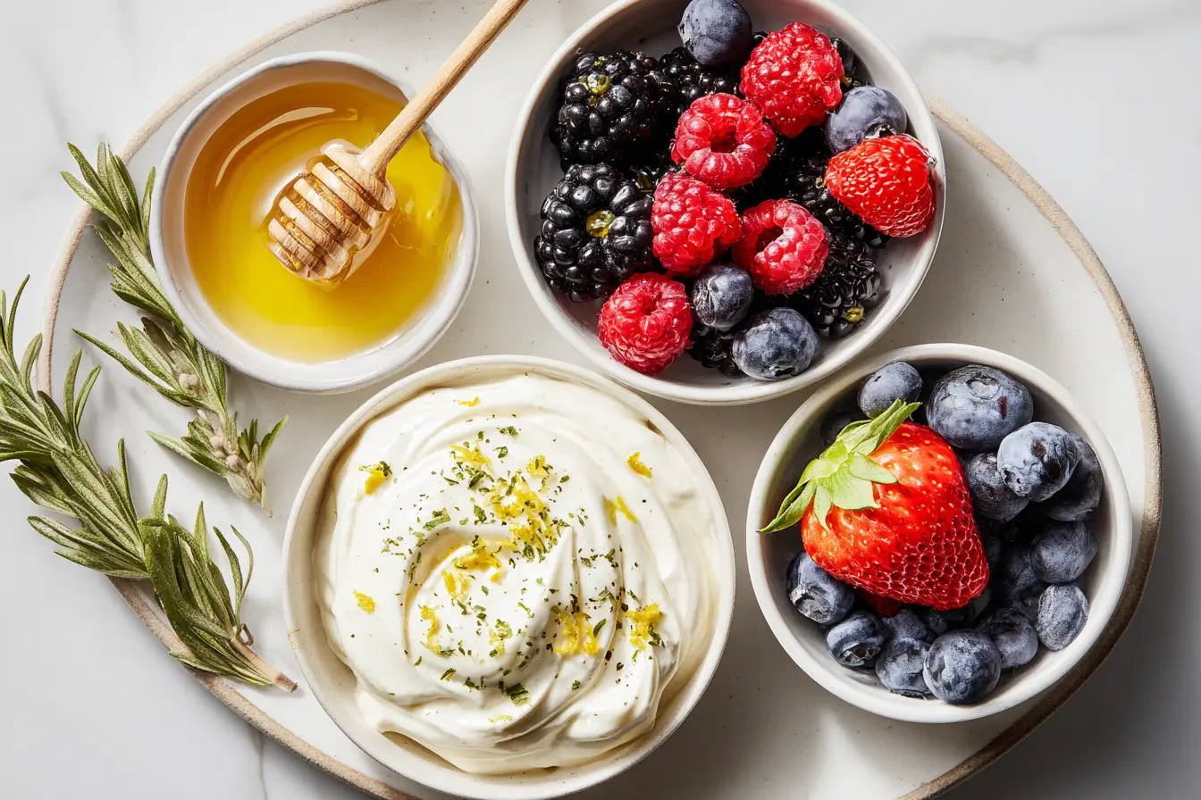 Whipped Greek yogurt with lemon zest, fresh berries, and honey in small bowls