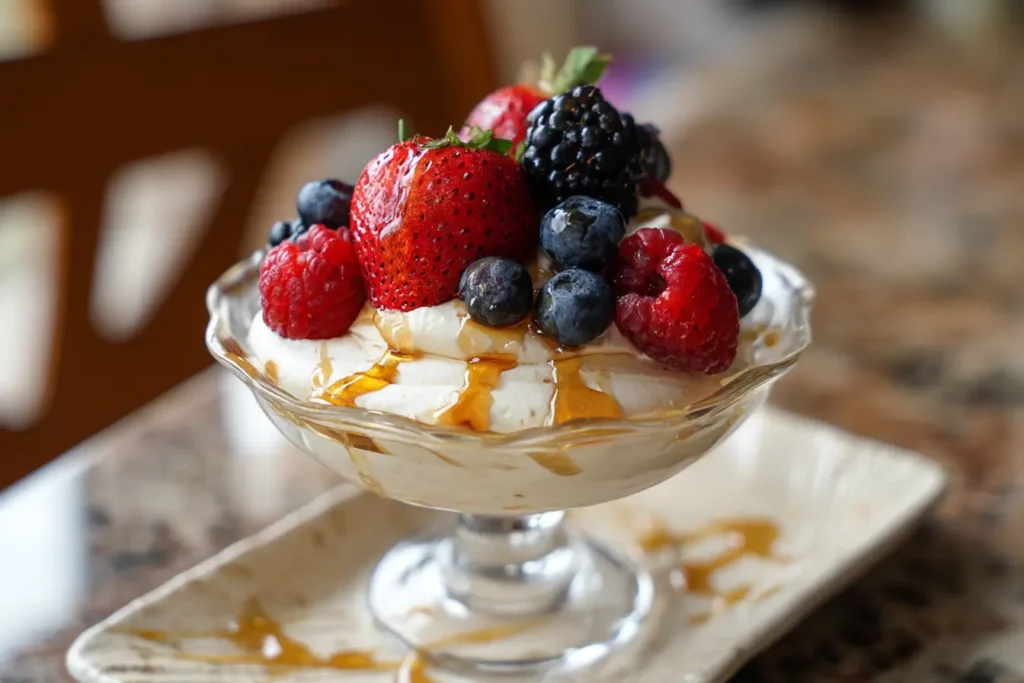Whipped Greek yogurt with protein powder topped with fresh berries and honey