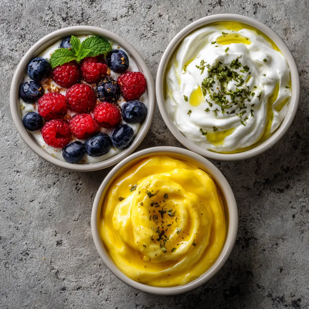 Three bowls of whipped Greek yogurt: one with berries, one savory with herbs and oil, and one with a golden fruit puree