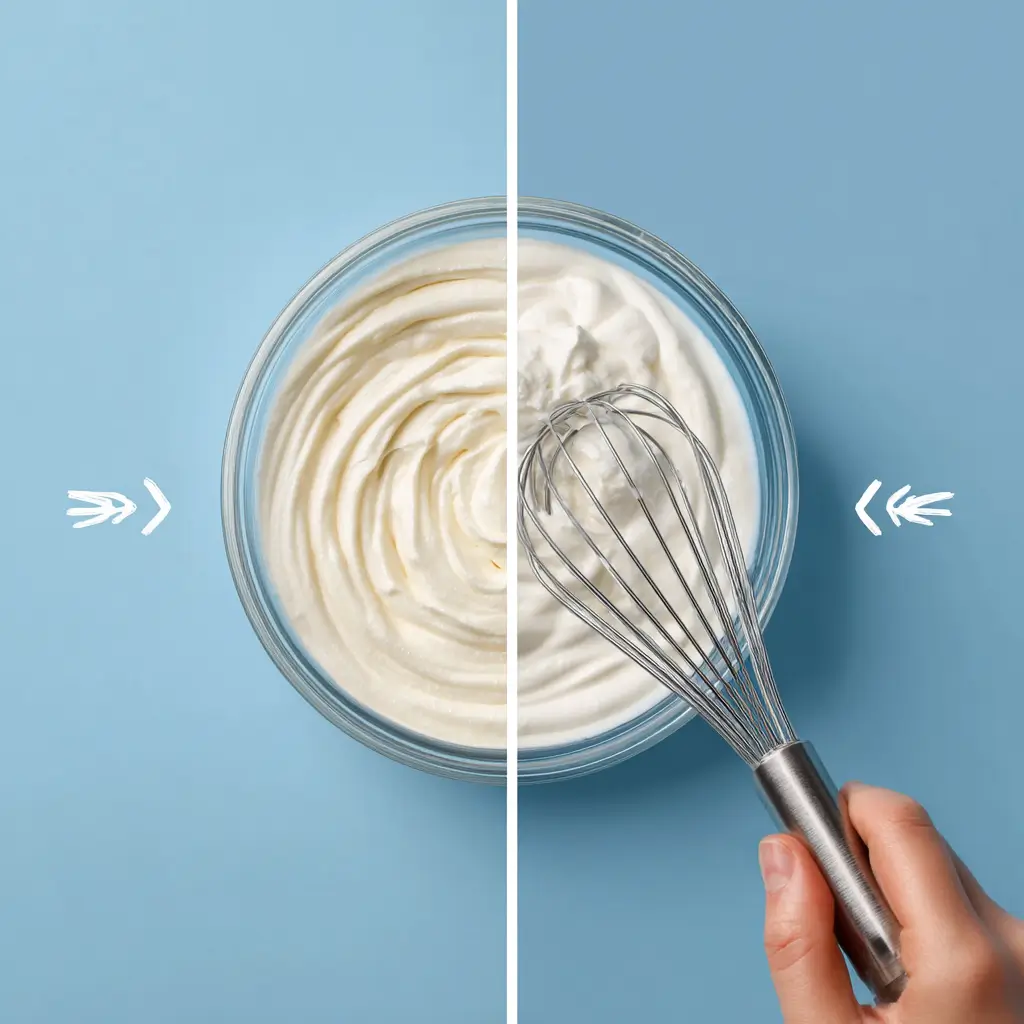 Side-by-side comparison of whipped and unwhipped Greek yogurt in a glass bowl with whisk on a blue background