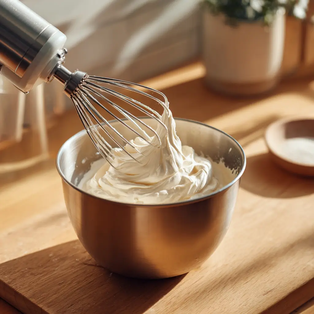 Whipping Greek yogurt with a hand mixer in a stainless steel bowl on a kitchen counter