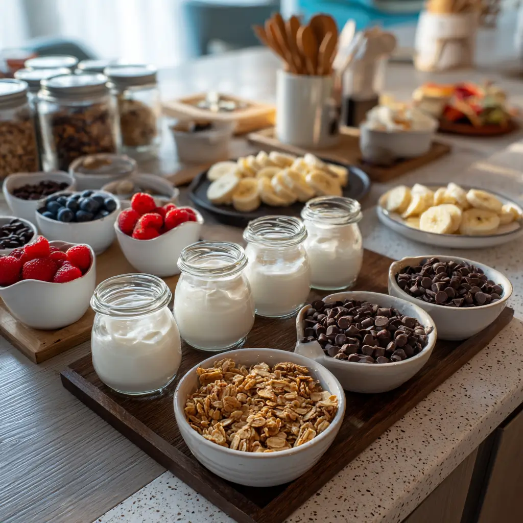 Kid-friendly yogurt toppings bar with jars of Greek yogurt, fresh berries, banana slices, chocolate chips, and granola